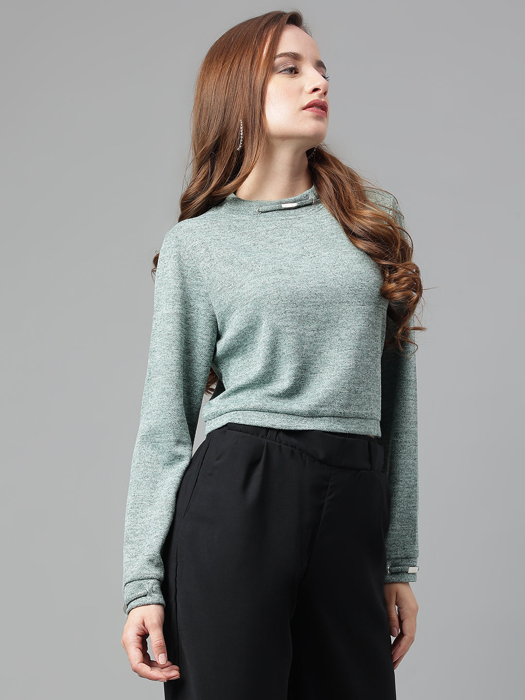 Latin Quarters Women Green Solid Full Sleeves Casual Crop Sweater