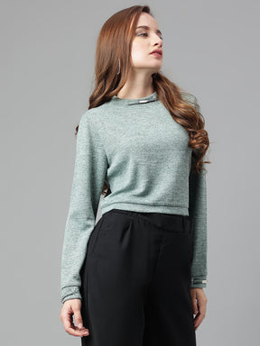 Latin Quarters Women Green Solid Full Sleeves Casual Crop Sweater