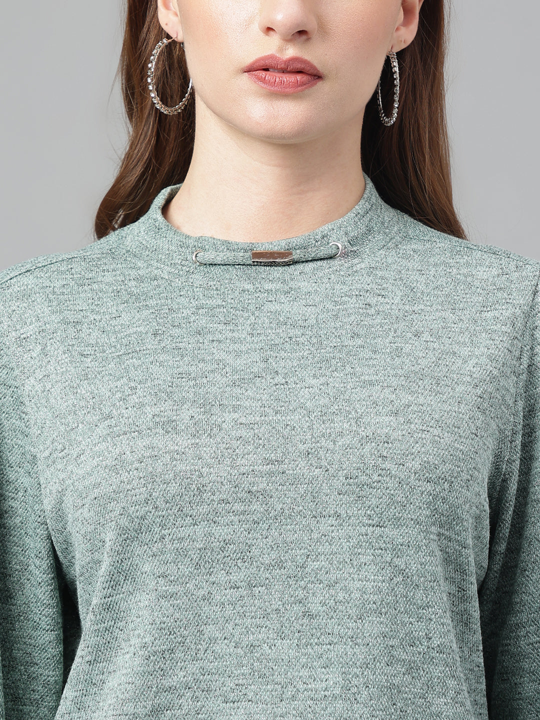Latin Quarters Women Green Solid Full Sleeves Casual Crop Sweater