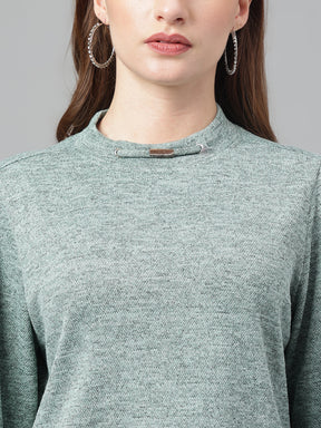 Latin Quarters Women Green Solid Full Sleeves Casual Crop Sweater