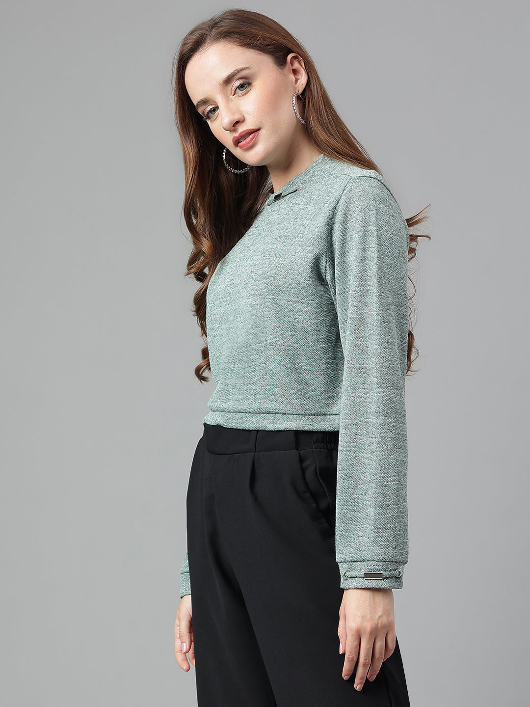 Latin Quarters Women Green Solid Full Sleeves Casual Crop Sweater