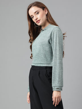 Latin Quarters Women Green Solid Full Sleeves Casual Crop Sweater