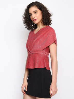 Red Short Sleeve V Neck Party Top