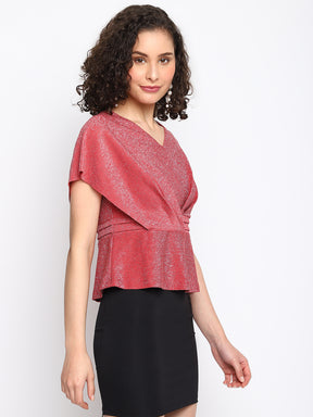 Red Short Sleeve V Neck Party Top