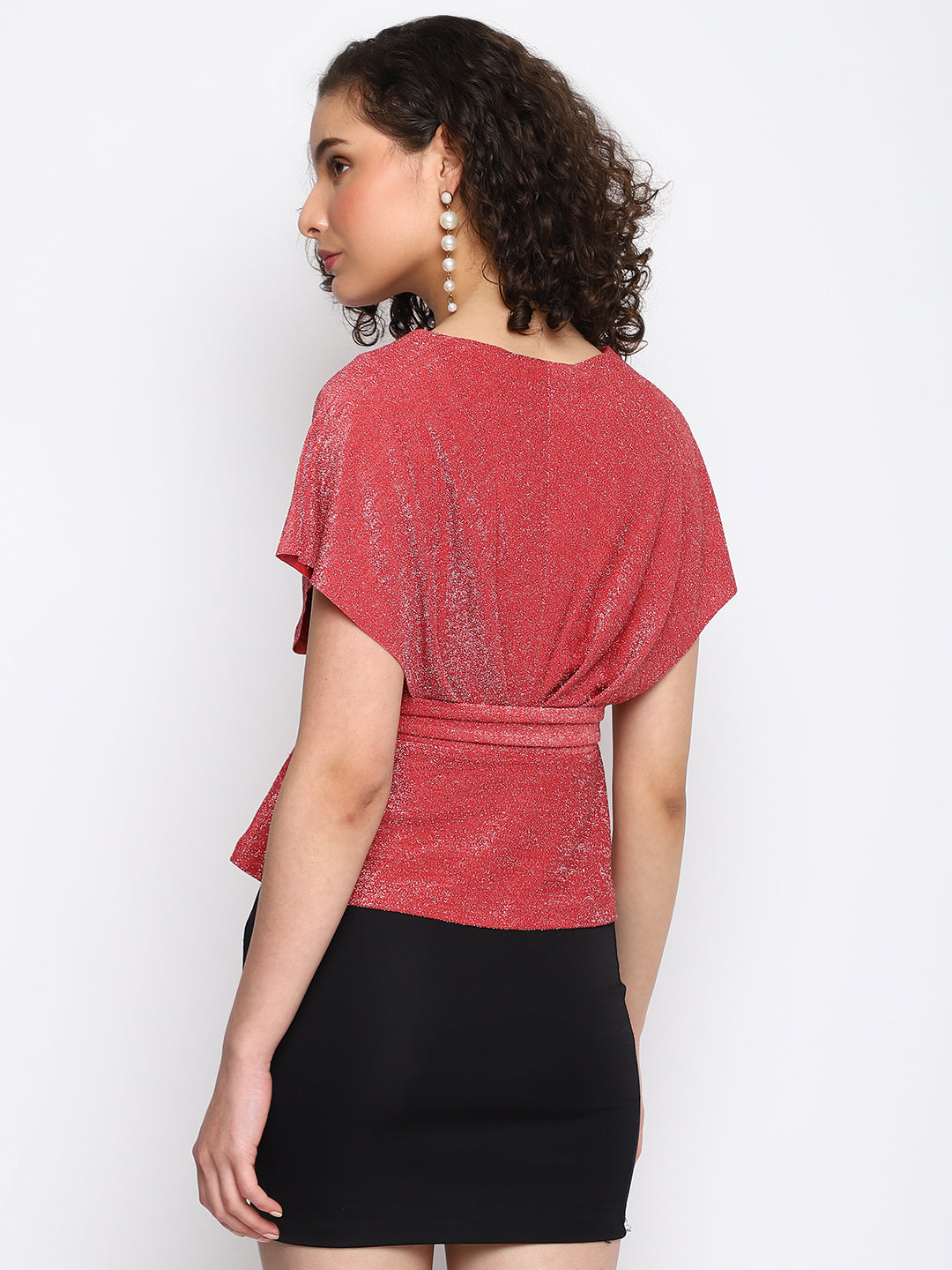 Red Short Sleeve V Neck Party Top