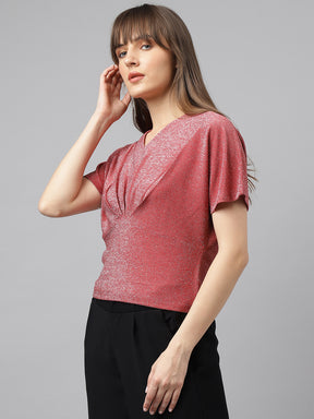 Rose Half Sleeves V-Neck Solid Top For Party Wear