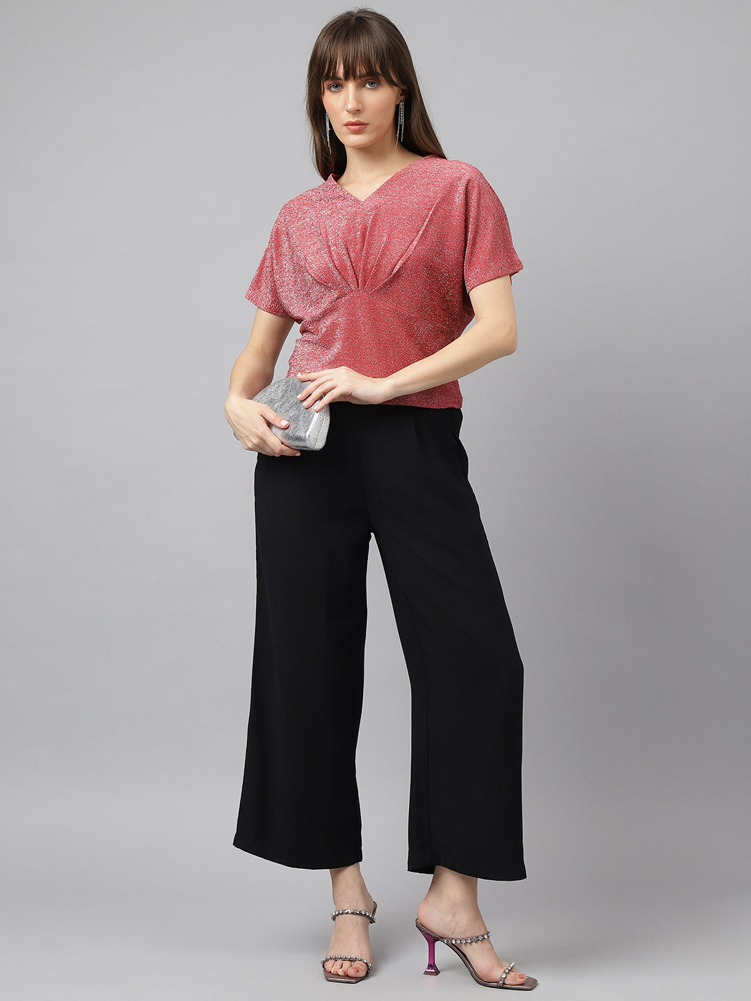 Rose Half Sleeves V-Neck Solid Top For Party Wear