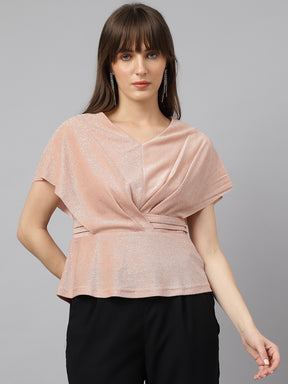 Latin Quarters Women'S Peach Solid V-Neck Cap Sleeve Party Top