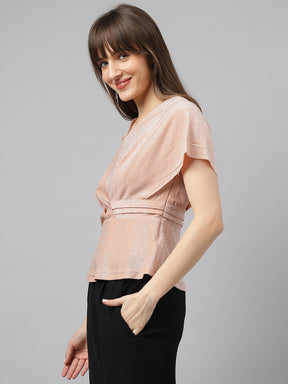 Latin Quarters Women'S Peach Solid V-Neck Cap Sleeve Party Top