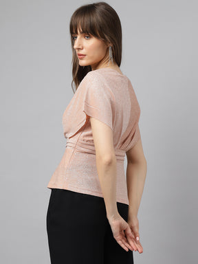 Latin Quarters Women'S Peach Solid V-Neck Cap Sleeve Party Top