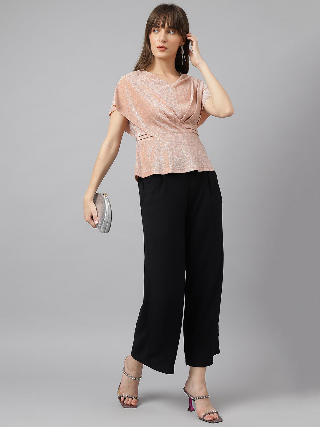 Latin Quarters Women'S Peach Solid V-Neck Cap Sleeve Party Top