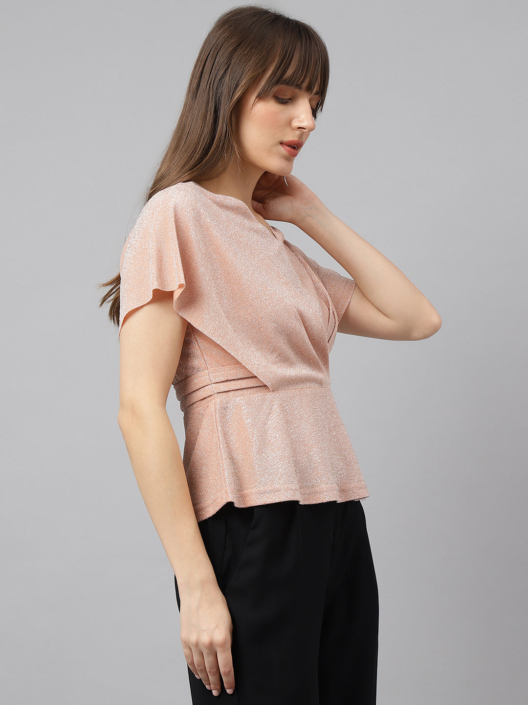 Latin Quarters Women'S Peach Solid V-Neck Cap Sleeve Party Top