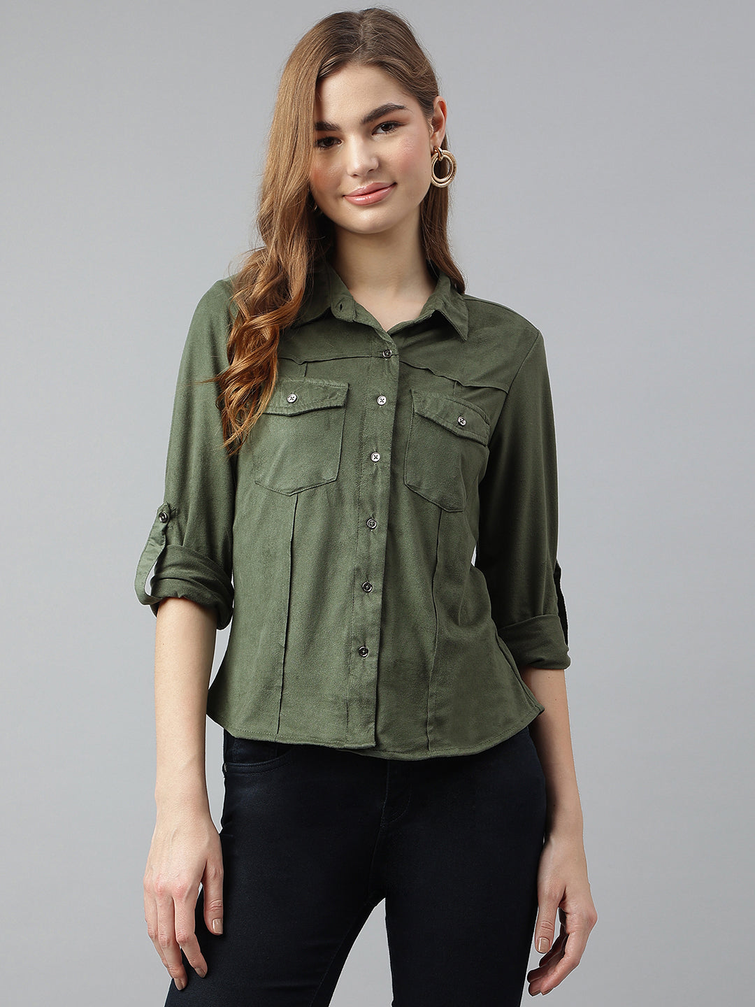 Green Spread Collar Three-Quarter Sleeves Solid Shirt Casual For Wear