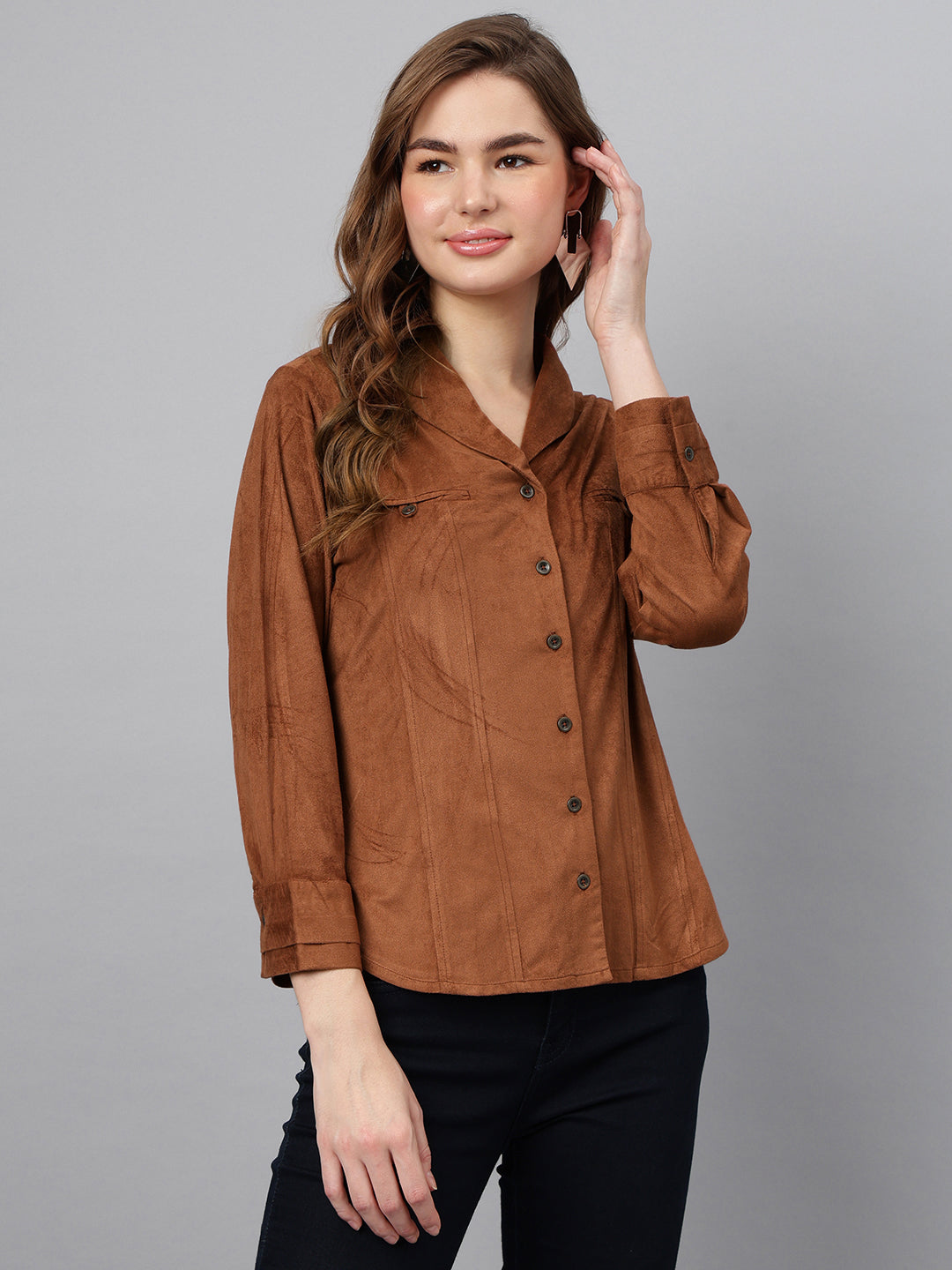 Brown Spread Collar Three-Quarter Sleeves Solid Shirt Casual For Wear