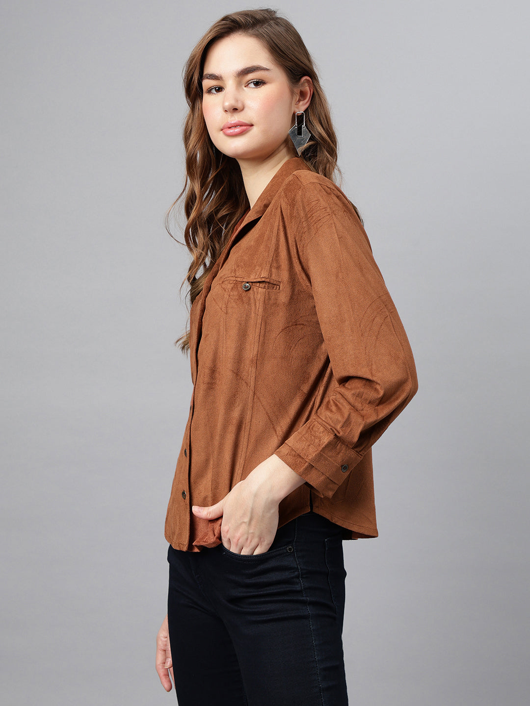 Brown Spread Collar Three-Quarter Sleeves Solid Shirt Casual For Wear