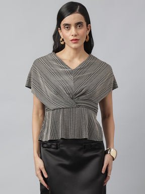 Black Short Sleeves V-Neck Stripped Top For Casual Wear