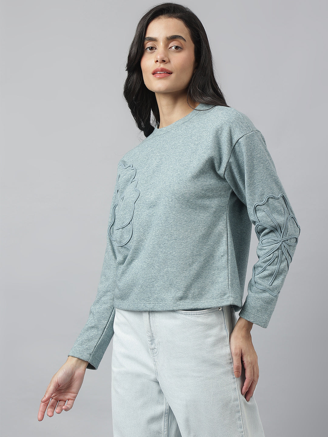 Grey Full Sleeve Round Neck Solid Sweatshirt For Casual Wear