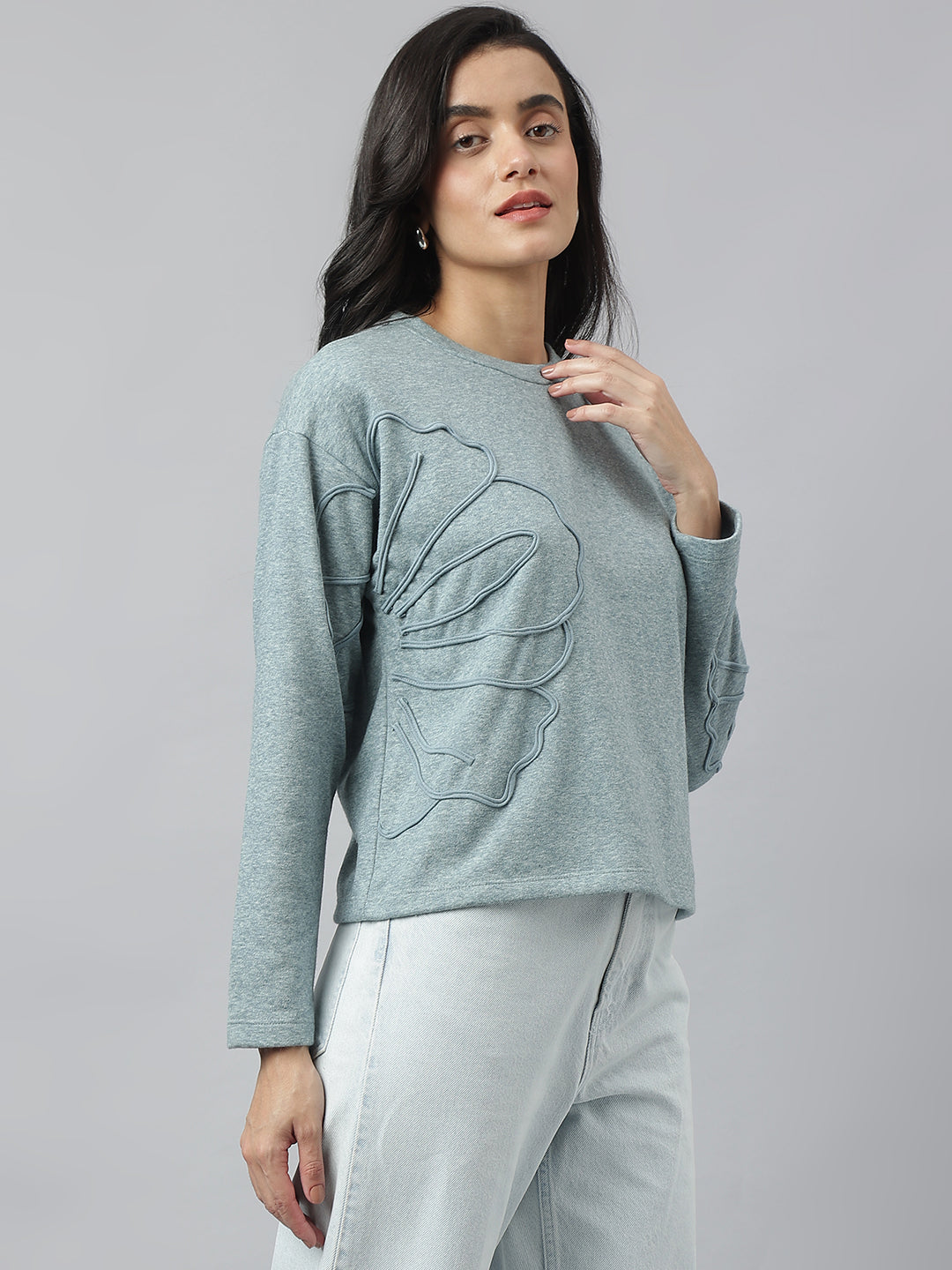 Grey Full Sleeve Round Neck Solid Sweatshirt For Casual Wear