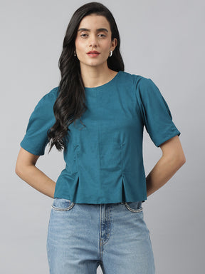 Teal Half Sleeve Round Neck Solid Top For Casual Wear