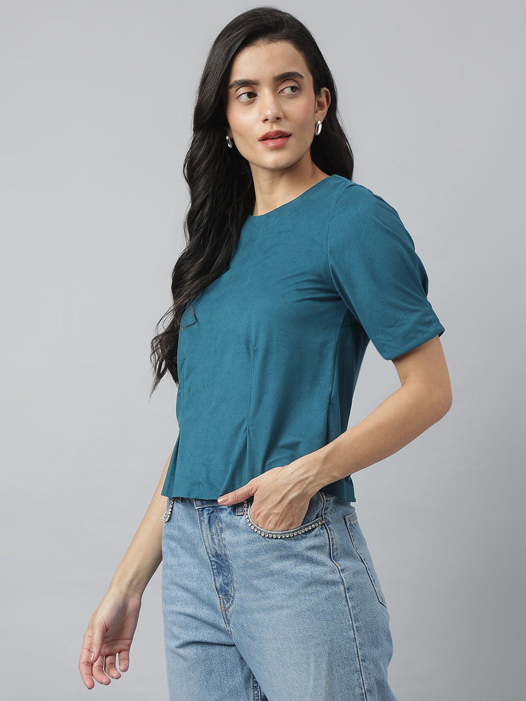 Teal Half Sleeve Round Neck Solid Top For Casual Wear