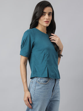 Teal Half Sleeve Round Neck Solid Top For Casual Wear