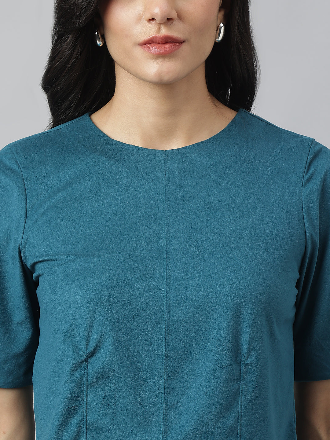 Teal Half Sleeve Round Neck Solid Top For Casual Wear