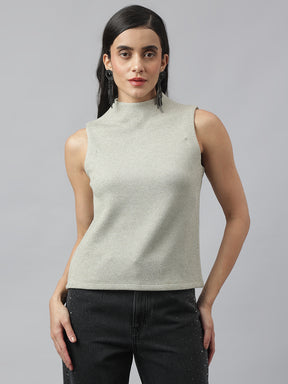 Grey Sleeveless Round Neck Solid Top For Casual Wear