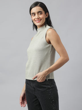 Grey Sleeveless Round Neck Solid Top For Casual Wear