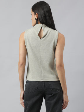 Grey Sleeveless Round Neck Solid Top For Casual Wear