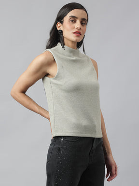 Grey Sleeveless Round Neck Solid Top For Casual Wear