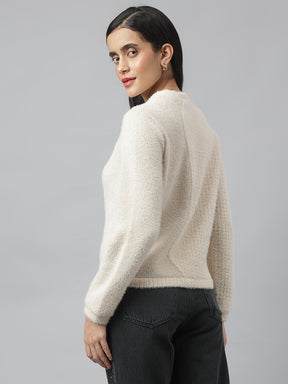 Beige Full Sleeve Round Neck Solid Sweater For Casual Wear