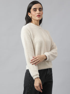 Beige Full Sleeve Round Neck Solid Sweater For Casual Wear