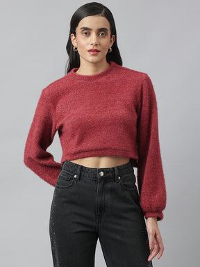 Maroon Full Sleeve Round Neck Solid Sweater For Casual Wear