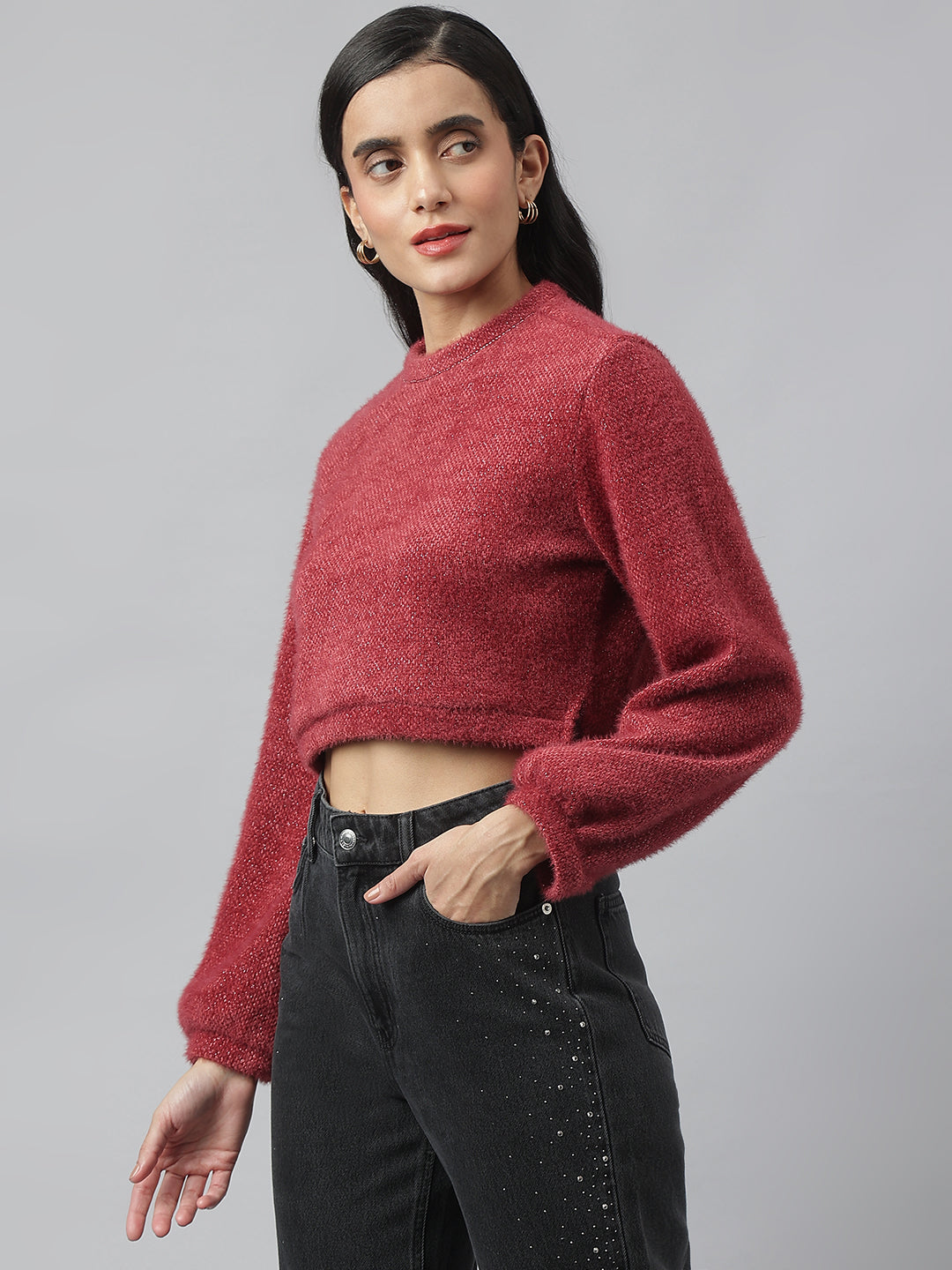 Maroon Full Sleeve Round Neck Solid Sweater For Casual Wear