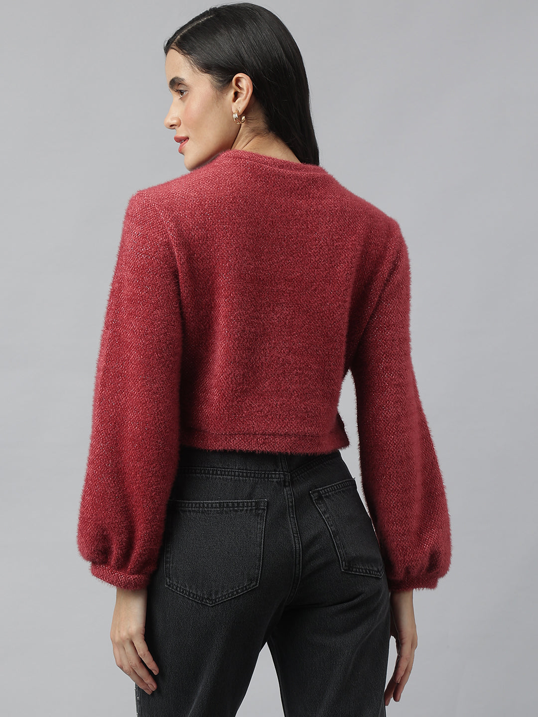 Maroon Full Sleeve Round Neck Solid Sweater For Casual Wear