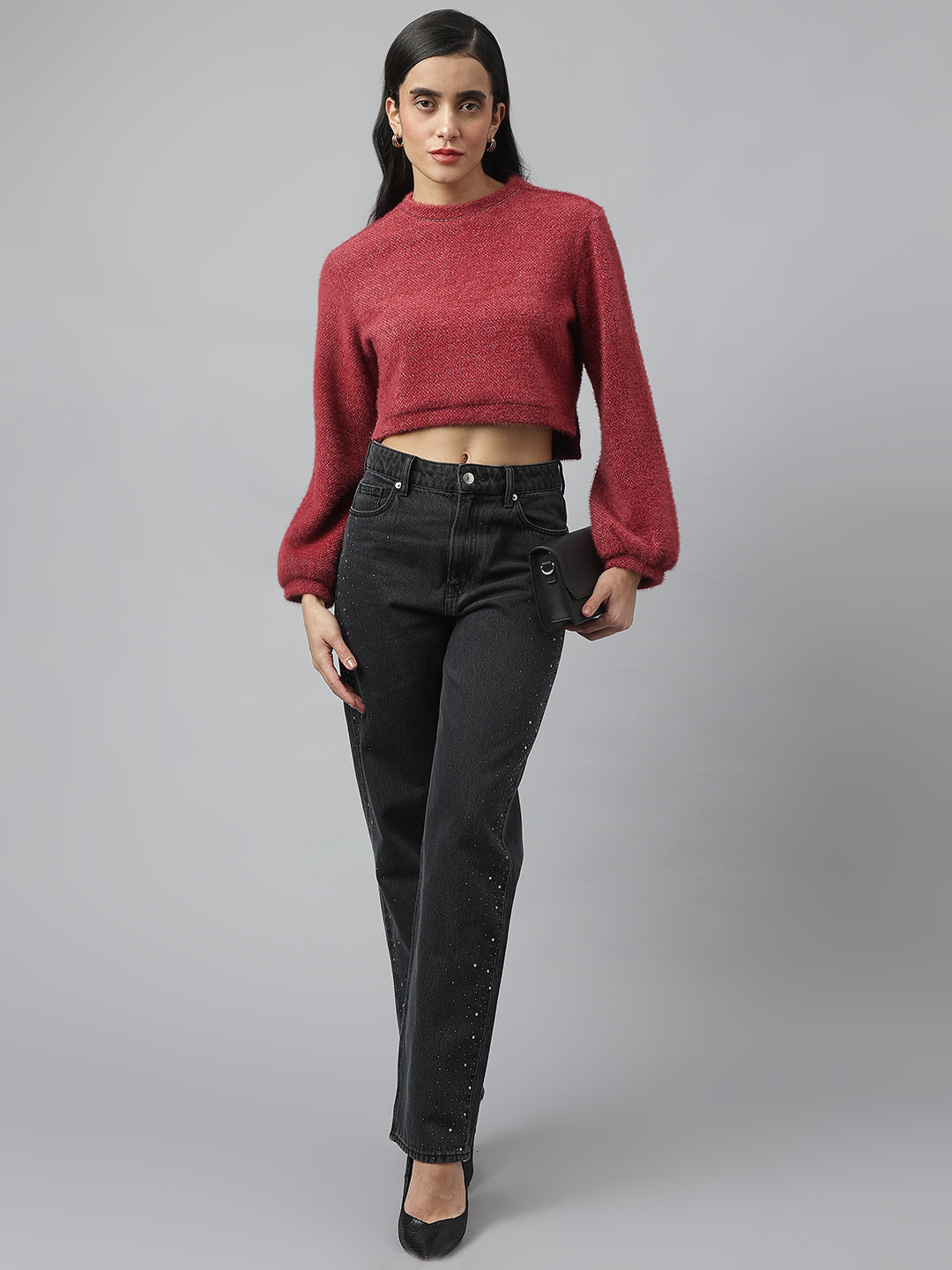 Maroon Full Sleeve Round Neck Solid Sweater For Casual Wear