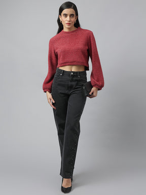 Maroon Full Sleeve Round Neck Solid Sweater For Casual Wear