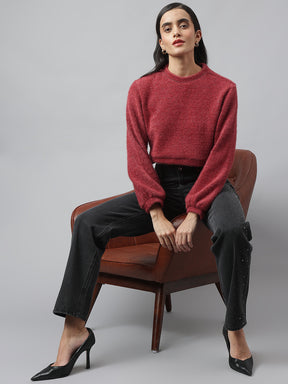 Maroon Full Sleeve Round Neck Solid Sweater For Casual Wear