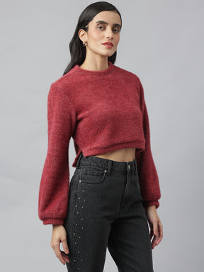 Maroon Full Sleeve Round Neck Solid Sweater For Casual Wear