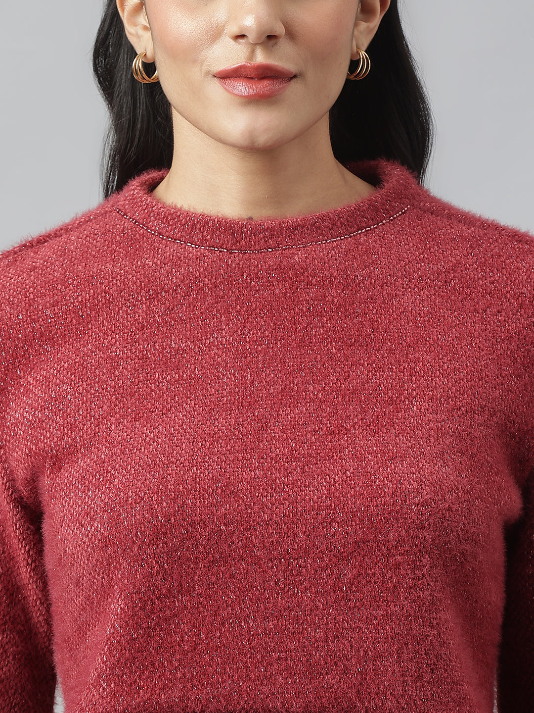 Maroon Full Sleeve Round Neck Solid Sweater For Casual Wear