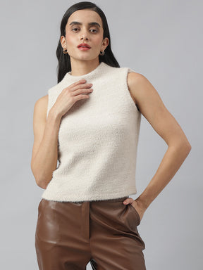 Beige Sleeveless Round Neck Solid Top For Casual Wear