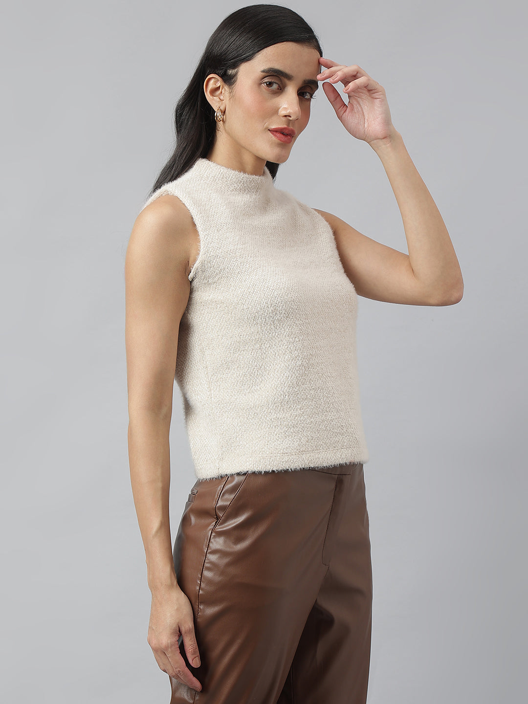 Beige Sleeveless Round Neck Solid Top For Casual Wear