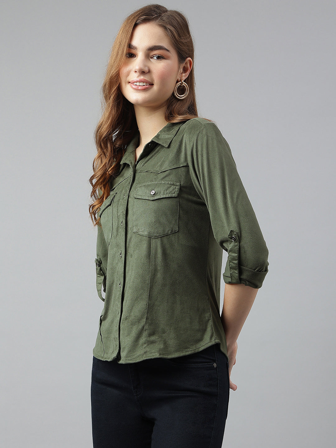 Latin Quarters Women Green Collar Neck Three-Quarter Sleeves Solid Shirt