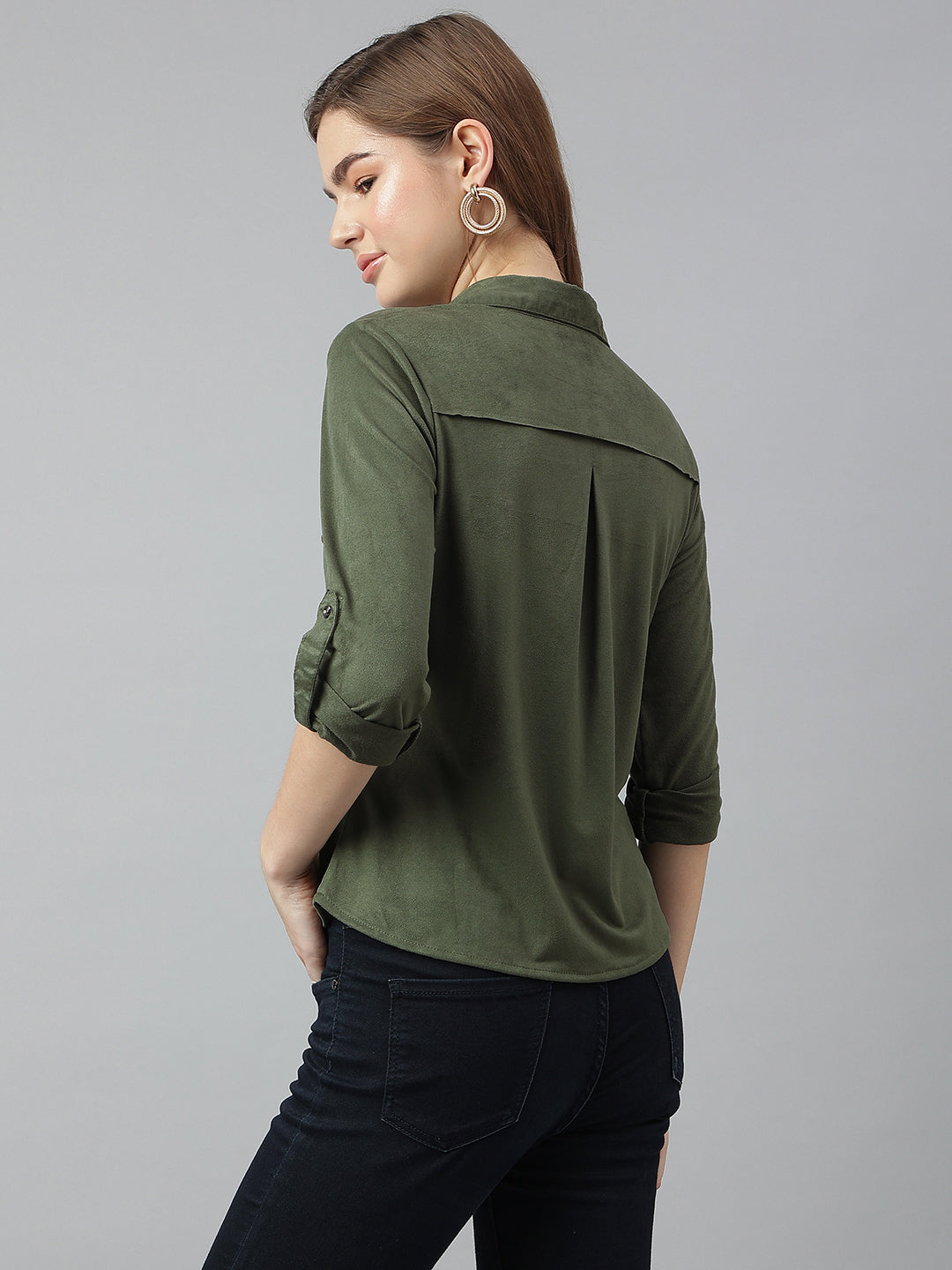 Latin Quarters Women Green Collar Neck Three-Quarter Sleeves Solid Shirt