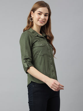 Latin Quarters Women Green Collar Neck Three-Quarter Sleeves Solid Shirt