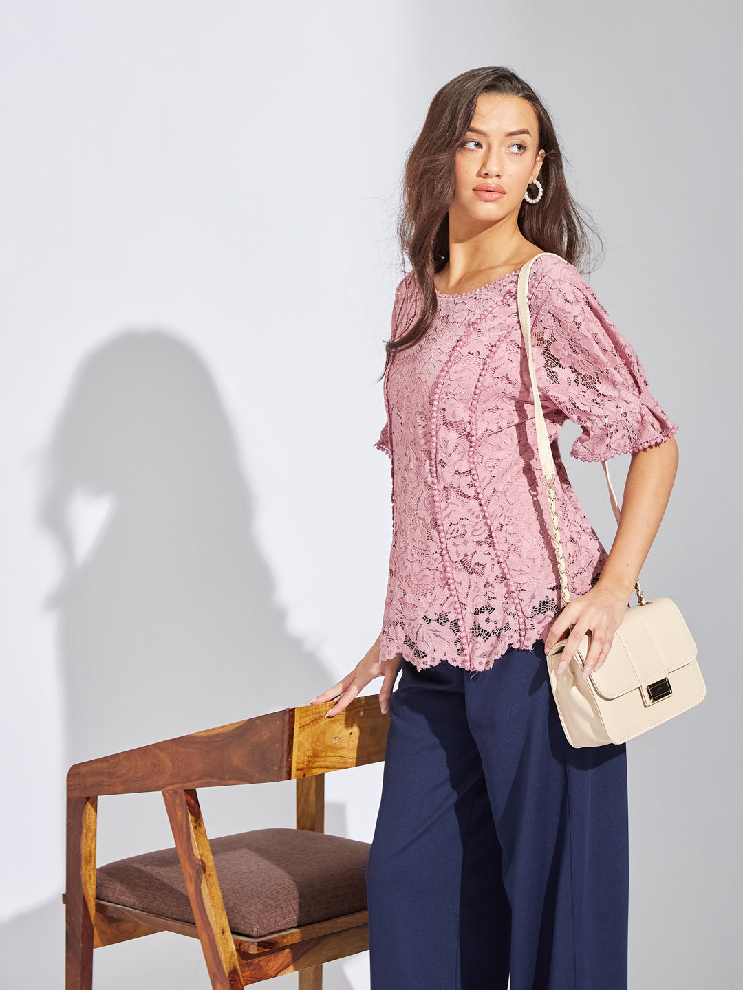 Latin Quarters Women Pink Round Neck Half Sleeves Solid Blouse Top For Casual