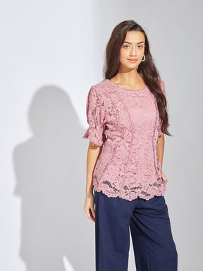 Latin Quarters Women Pink Round Neck Half Sleeves Solid Blouse Top For Casual