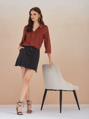 Latin Quarters Women Rust Collared 3/4th Sleeve Solid Top For Casual Wear