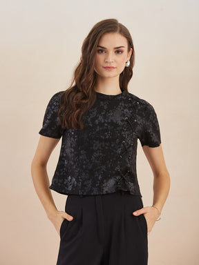 Latin Quarters Women Black Short Sleeves Round Neck Crop Top for Casual Occasion