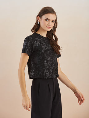 Latin Quarters Women Black Short Sleeves Round Neck Crop Top for Casual Occasion